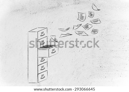 archiving: illustration of a file cabinet with documents flying away or flying into it