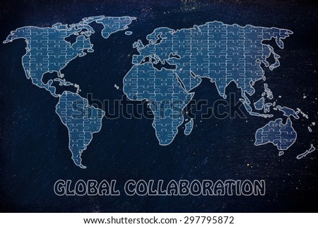 pieces of jigsaw puzzle composing the map of the world, concept of global collaborations