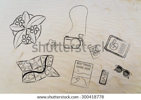 illustration with travel & holidays essential items on sand background