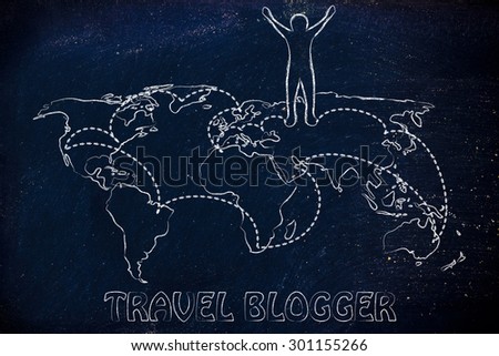 happy man standing on world map with travel itinerary, concept of travel blogging