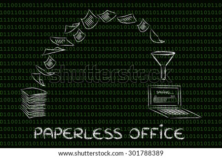 pile of sheets being turned into digital data, concept of paperless office