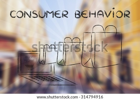 Consumer Behavior on the web, illustration with shopping bags coming out of a computer screen
