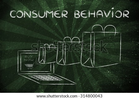 Consumer Behavior on the web, illustration with shopping bags coming out of a computer screen