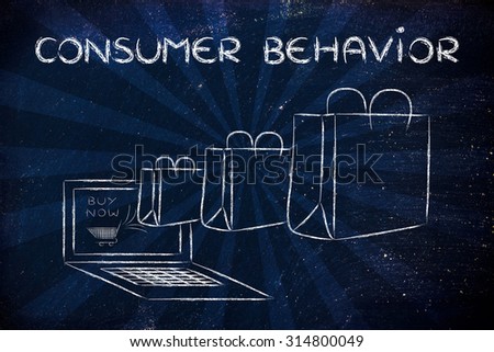 Consumer Behavior on the web, illustration with shopping bags coming out of a computer screen