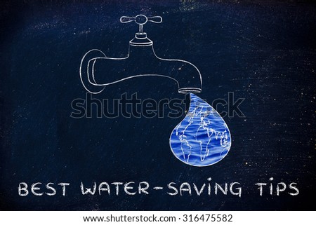 planet earth in a droplet from the tap (with ocean fill), illustration about water-saving tips