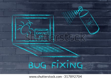 fixing computer bugs with a spray, funny illustration about the debugging process
