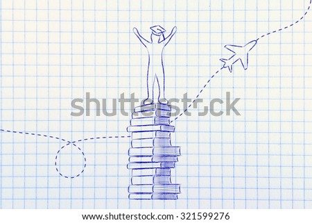 studying abroad: happy graduated student on top of books with airplane in the background
