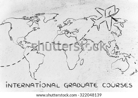 airplane with graduation hat flying above world map, concept of international graduate courses