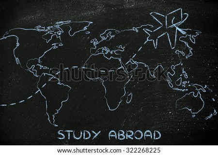 airplane with graduation hat flying above world map, study abroad