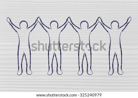collaborations: group of people holding hands and rejoicing of being a team