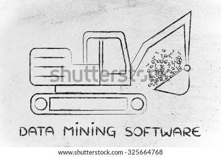 concept of data mining software: funny digger extracting data in form of binary code