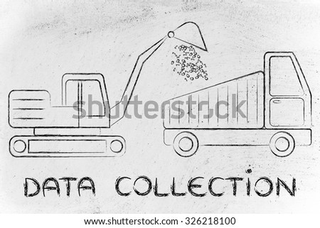 concept of data collection: digger and truck with a load of binary code