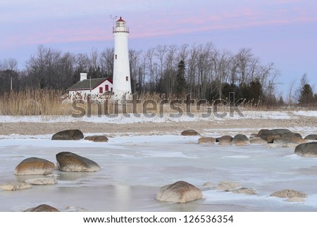 Winter sunrise Sturgeon Point Lighthouse Harrisville, Michigan USA