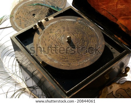 Musical casket and disks, old, feathers of a peacock, a box a musical instrument