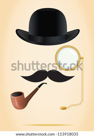 Retro elements set: bowler, moustache, tobacco pipe and monocle