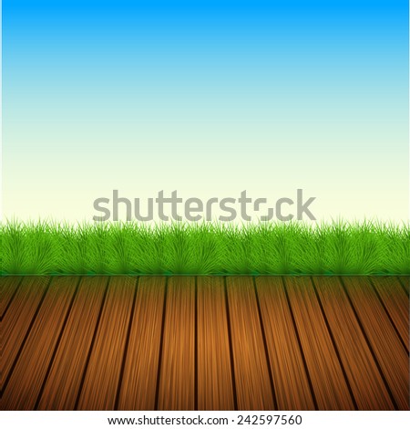 wooden floor with grass, sky. Summer background