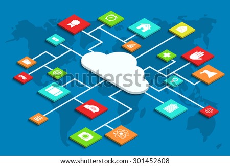 Vector modern concept 3d isometric computer cloud infographic with app. Footage variant also in portfolio