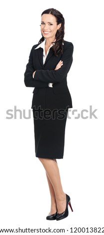 Full body portrait of happy smiling young business woman in black suit, isolated over white background