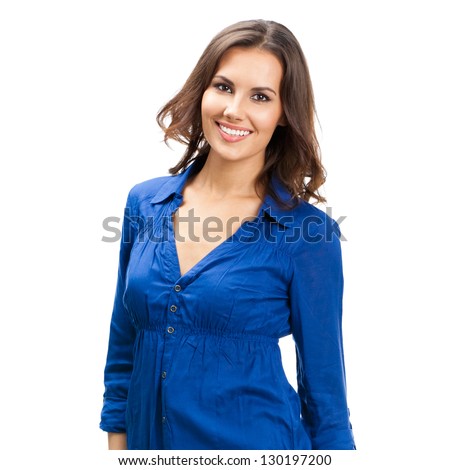 Full body portrait of happy smiling young business woman, isolated over white background