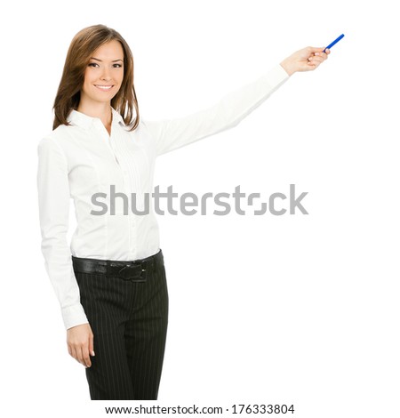 Happy smiling beautiful young cheerful business woman showing something, isolated on white background