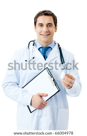 Happy smiling doctor with medicament and clipboard, isolated on white