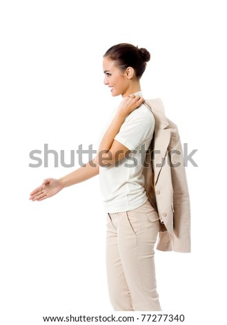 Full body portrait of smiling business woman giving hand for handshake, isolated on white background