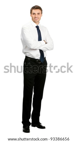 Full body portrait of young happy smiling cheerful business man, over white background
