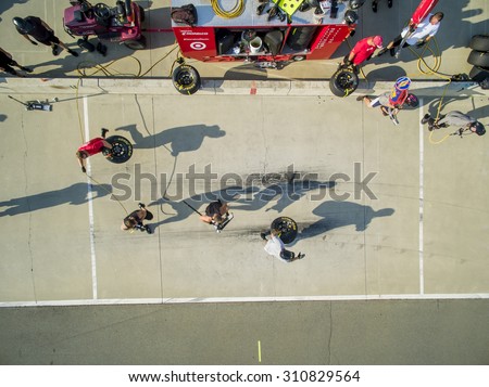 Concord, NC - Aug 04, 2015:  The Chip Ganassi Racing teams practice their pit stops at  Chip Ganassi Racing Headquarters in Concord, NC.