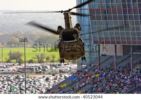FT. WORTH, TX - 8 NOVEMBER:   The US Army Reserve Command delivers the pace car in a Chinook Helicopter for the running of the Dickies 500 race at the Texas Motor Speedway on November 8, 200