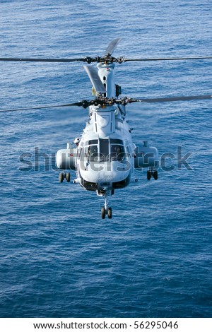 SAN DIEGO, CA - FEB 11:  A CH-46E Marine Corps helicopter departs for a training mission prior to deployment at the Marine Corps Air Base in San Diego, CA on Feb 11, 2010.