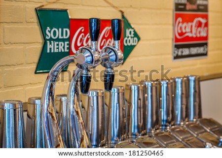 MIDWAY, KENTUCKY, USA - JULY 06, 2013: Traditional 1950s soda fountain in a pharmacy shop in Midway, Kentucky.