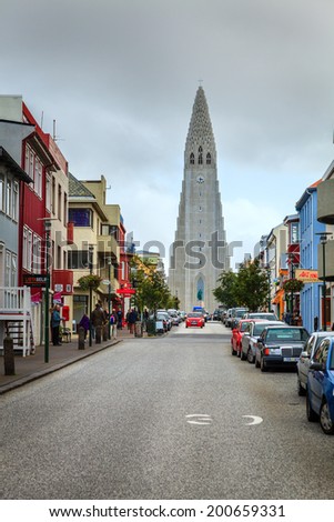 REYKJAVIK, ICELAND - AUGUST 31, 2013: A unique Hallgrimskirkja church in the heart of Reykjavik, Iceland. This is the largest church in Iceland