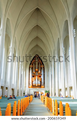 REYKJAVIK, ICELAND - AUGUST 31, 2013: Interior of Hallgrimskirkja church in the heart of Reykjavik, Iceland. This is the largest church in Iceland