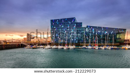 REYKJAVIK, ICELAND - AUGUST 31, 2013: Harpa concert hall in Reykjavik, Iceland. Harpa was opened on May 13, 2011. It was selected as Best Performance Venue 2011 by Travel & Leisure magazine