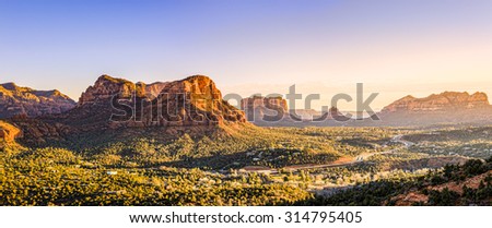Courthouse Butte, Bell Rock and surrounding red rocks formations in Sedona, Arizona at sunset