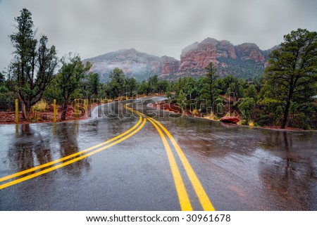 Scenic drive through Red Rocks in Sedona, Arizona in rainy weather