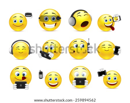 Set of yellow smiles with different gadgets