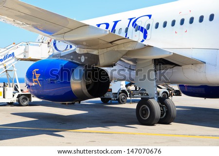 CRETE, GREECE - JULY 17: Cyprus airways airbus A320 on July 17, 2013 in Heraklion airport, Crete. Cyprus airways reported 56 mln euro  loss in 2012 and is to raise funds to continue operations.
