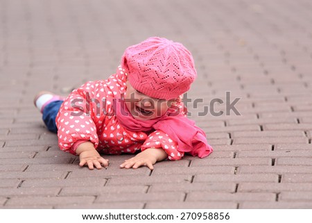 crying little girl fall off on sidewalk, kids safety