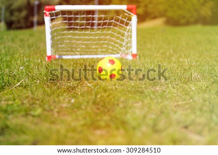 kids soccer ball and gates on green grass, kids outdoor activities