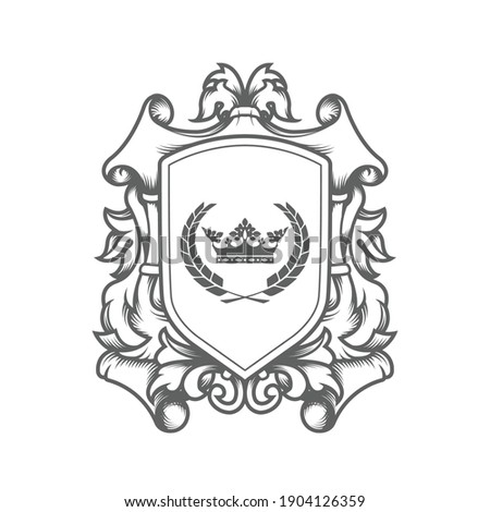 luxury imperial coat of arms template, laced heraldic shield with king crown, ancestral medieval crest or blazon,  vector Foto stock © 