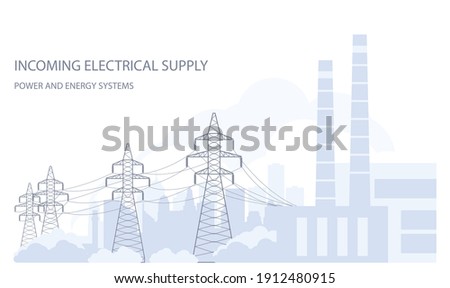 Tangent towers, high voltage power line pylons and city silhouette, town skyline, power supply