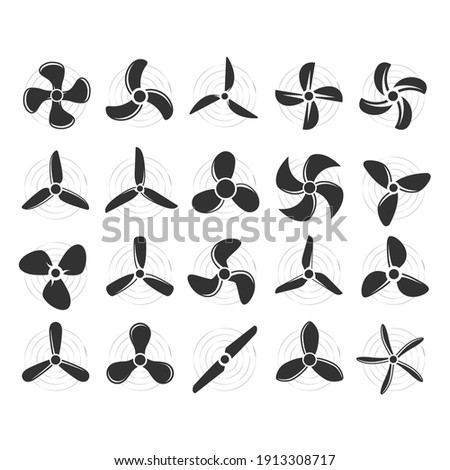 Plane propellers set - fan, rotor mover, aircraft propeller icons, wind fan rotating prop, airplane airscrew 商業照片 © 