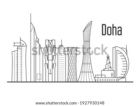 Doha city skyline - downtown cityscape, Qatar landmarks in liner style
