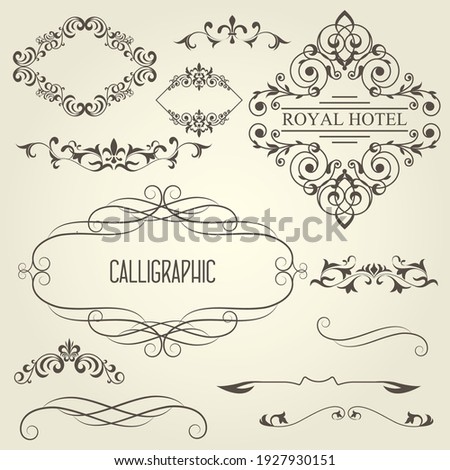 Vintage calligraphic frames with vignettes and ornamental dividers, curly decoration, vector