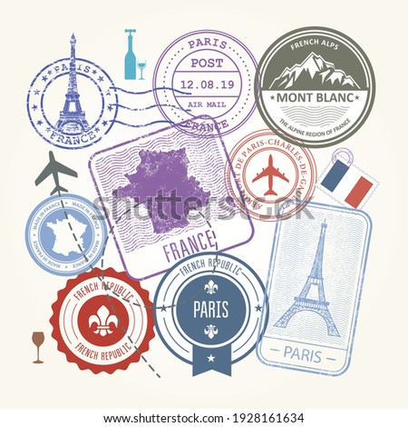 Travel stamps set - France and Paris journey symbols and labels, vector