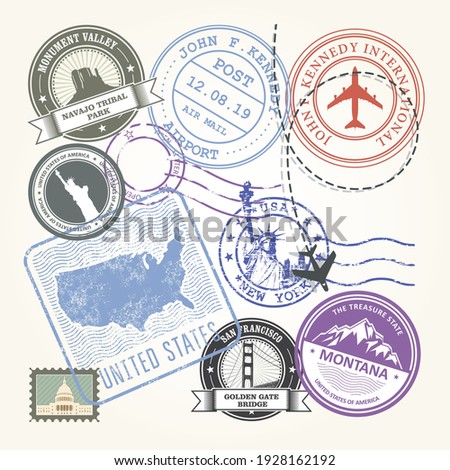 United States travel stamps set, USA journey symbols on stickers and labels, vector