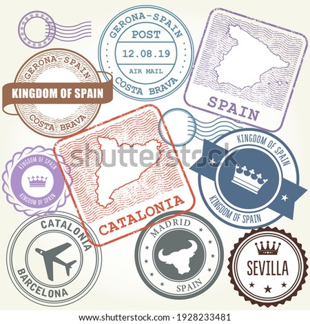 Travel stamps set Barcelona, Catalonia and Spain theme, labels and stickers, vector