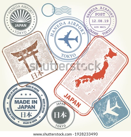 Travel stamps set Japan and Tokyo (with inscription Japan on Japanese language), labels and stickers,  vector
