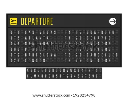 Airport or railroad realistic scoreboard with flip symbols, departure board set, vector
